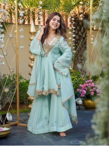 Festive Sky Blue Chinon Silk Plazzo Suit with  Lace Border Dupatta for Wedding Wear 