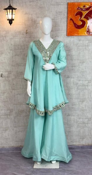Festive Sky Blue Chinon Silk Plazzo Suit with  Lace Border Dupatta for Wedding Wear Ready To Wear Collection