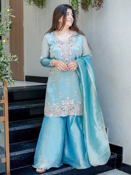 Festive Sky Blue Silk Embroidered Suit with Flared Bottom and Dupatta for Resellers 