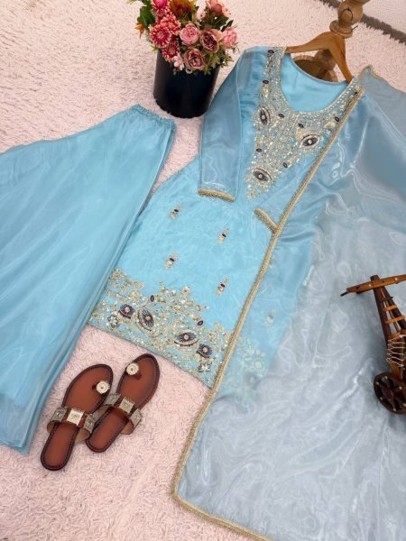 Festive Sky Blue Silk Embroidered Suit with Flared Bottom and Dupatta for Resellers Ready To Wear Collection