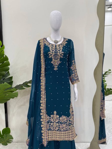 Festive Special Georgette Coding With Sequence Work Sharara Suit Ready To Wear Collection