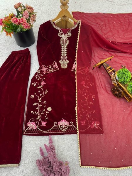 Festive Viscose Velvet Sequins Embroidery Kurti   Pant Set with Georgette Dupatta for Winter Functions Ready To Wear Collection