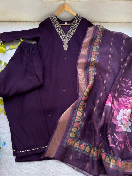Festive Wear Roman Silk Kurti Set with Miyani Pant   Digital Chanderi Dupatta Elegant 3PC Outfit Supplier Collection for Clothing Wholesalers 3 Piece Kurti Set