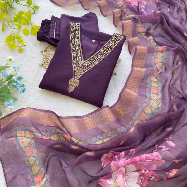 Festive Wear Roman Silk Kurti Set with Miyani Pant   Digital Chanderi Dupatta Elegant 3PC Outfit Supplier Collection for Clothing Wholesalers 3 Piece Kurti Set