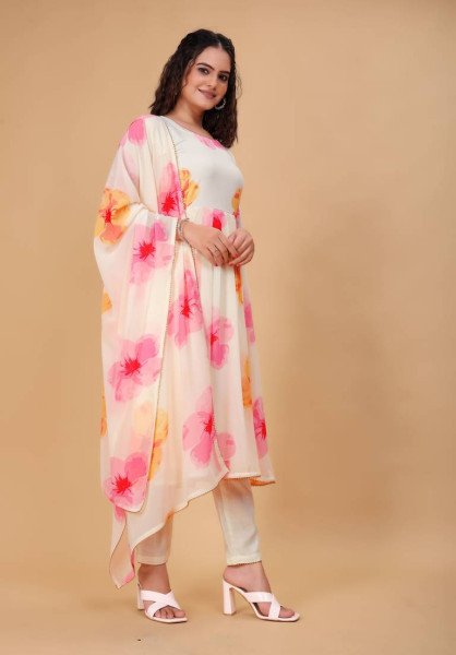 Festive Wear  White Georgette Kurti with Pant   Dupatta Set For women in wholesale price Georgette Kurti 