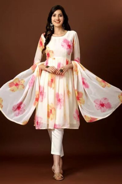 Festive Wear  White Georgette Kurti with Pant   Dupatta Set For women in wholesale price Georgette Kurti 