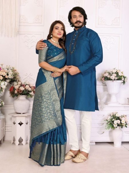 Festive Wedding Matching Couple Set Mens Kurta Pajama and Womens Dola Silk Saree Combo at Manufacturer Rate