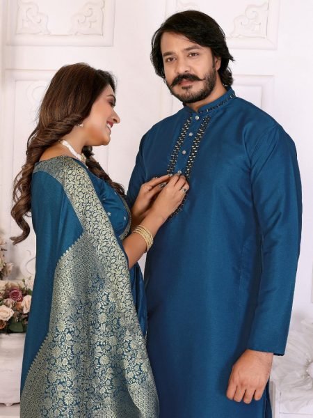 Festive Wedding Matching Couple Set Mens Kurta Pajama and Womens Dola Silk Saree Combo at Manufacturer Rate Couple Combo collection 