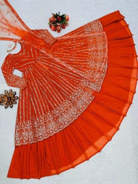 Fiery Orange Georgette Lehenga with Heavy Sequins Perfect for Haldi Glow Ready To Wear Collection
