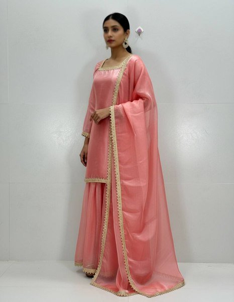 Fine Pink Fully stitched for Ready to Wear Silk Suit with Fancy Lace  Ready To Wear Collection