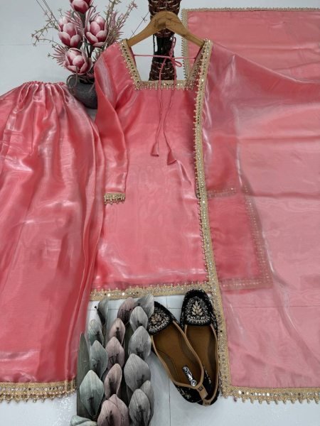 Fine Pink Fully stitched for Ready to Wear Silk Suit with Fancy Lace  Ready To Wear Collection