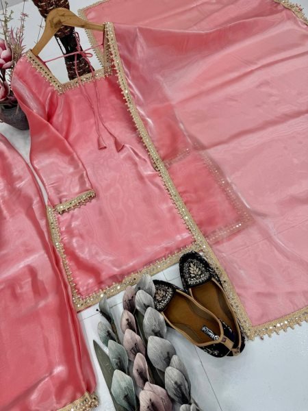 Fine Pink Fully stitched for Ready to Wear Silk Suit with Fancy Lace  Ready To Wear Collection