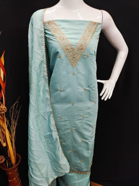 Finest Color Roman Silk Dress Material With Bottom And Dupatta For Women Color Set Matching Dress Material Wholesale