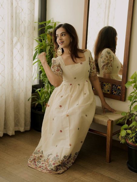 Finest Zari   Sequins Work Roman Silk Gown with 3 Meter Flair for Party Wear Anarkali Kurtis 