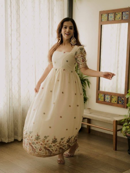 Finest Zari   Sequins Work Roman Silk Gown with 3 Meter Flair for Party Wear Anarkali Kurtis 