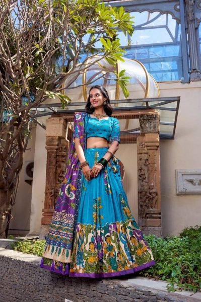 Firozi Tussar Silk Printed Reception Wedding Lehenga Choli Half Saree Lehenga