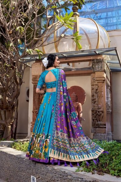 Firozi Tussar Silk Printed Reception Wedding Lehenga Choli Half Saree Lehenga