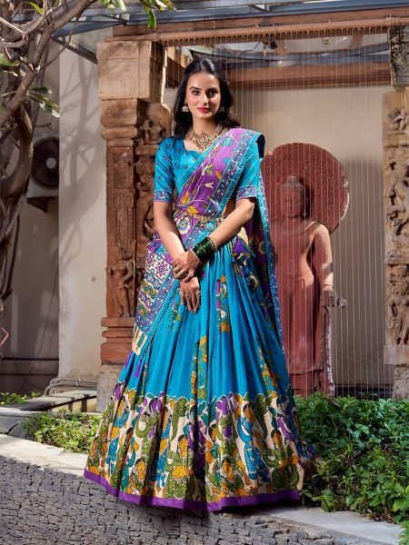 Firozi Tussar Silk Printed Reception Wedding Lehenga Choli Half Saree Lehenga