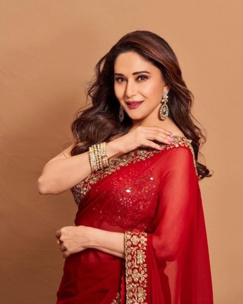 Flaming Red   Beige Gold Georgette Embroidered Saree  Georgette Sarees Wholesale