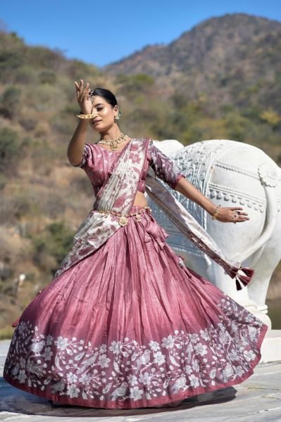 Floral Dream Pure Silk Lehenga Choli in Dusty Blue with Deep Pink Festive Dupatta Half Saree Lehenga