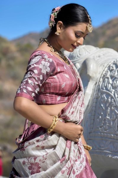 Floral Dream Pure Silk Lehenga Choli in Dusty Blue with Deep Pink Festive Dupatta Half Saree Lehenga