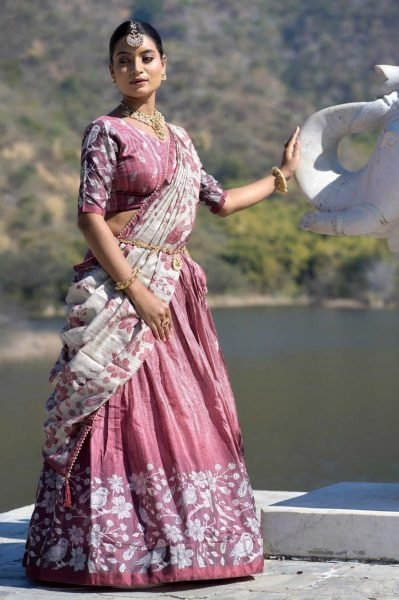 Floral Dream Pure Silk Lehenga Choli in Dusty Blue with Deep Pink Festive Dupatta Half Saree Lehenga