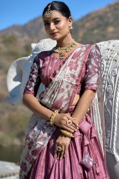 Floral Dream Pure Silk Lehenga Choli in Dusty Blue with Deep Pink Festive Dupatta Half Saree Lehenga