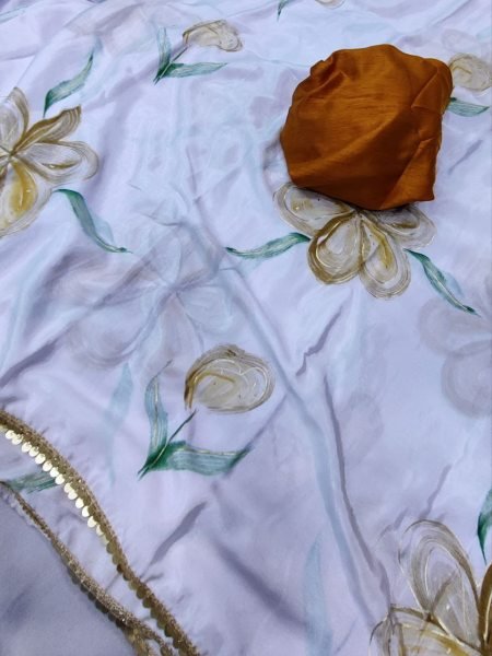 Floral Poly Chiffon With Radiant Golden Sequin Lace Border Saree  White Orange  Pure Chiffon Sarees Wholesale