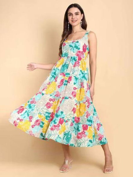 Floral Print Cotton Sleeveless Summer Long Kurti Wholesale Price  