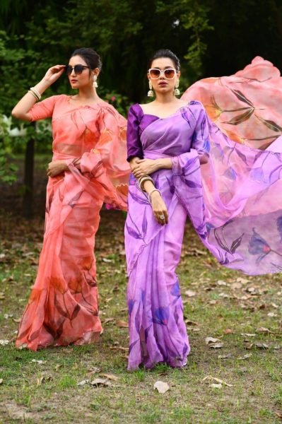 Floral Print Organza Silk Saree Organza Sarees Wholesale