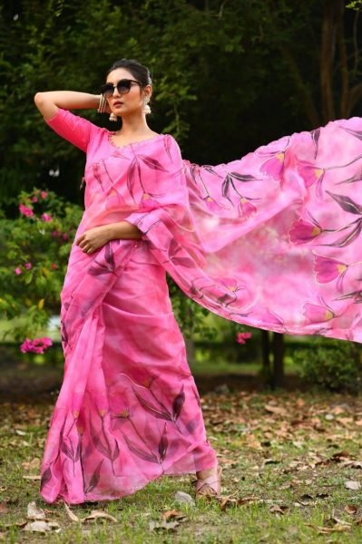 Floral Print Organza Silk Saree Organza Sarees Wholesale