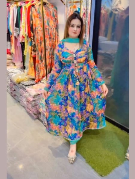 Floral Printed Chinon Nyra Cut Suit With Pants Anarkali Kurtis 