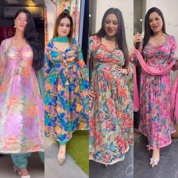 Floral Printed Chinon Nyra Cut Suit With Pants Anarkali Kurtis 