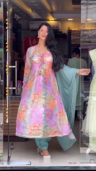 Floral Printed Chinon Nyra Cut Suit With Pants Anarkali Kurtis 
