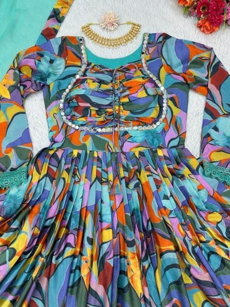 Floral Printed Chinon Nyra Cut Suit With Pants Anarkali Kurtis 