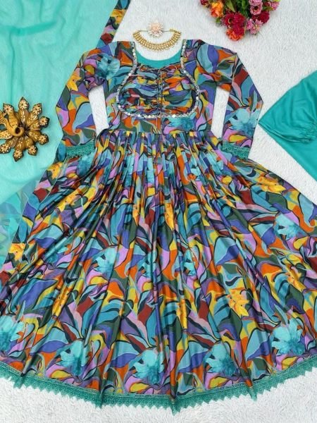 Floral Printed Chinon Nyra Cut Suit With Pants Anarkali Kurtis 