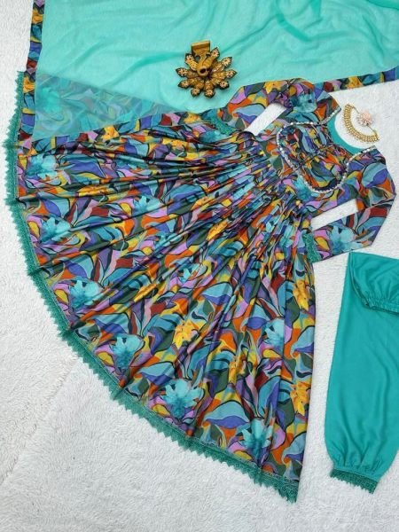 Floral Printed Chinon Nyra Cut Suit With Pants Anarkali Kurtis 