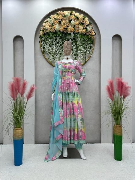 Floral Printed Chinon Nyra Cut Suit With Pants Anarkali Kurtis 