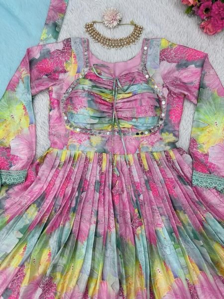 Floral Printed Chinon Nyra Cut Suit With Pants Anarkali Kurtis 