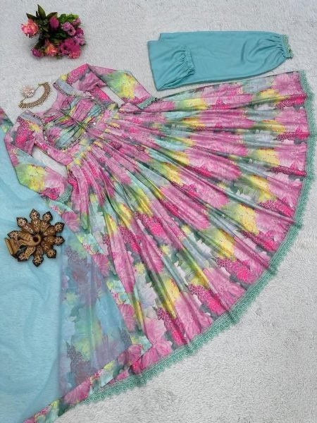 Floral Printed Chinon Nyra Cut Suit With Pants Anarkali Kurtis 