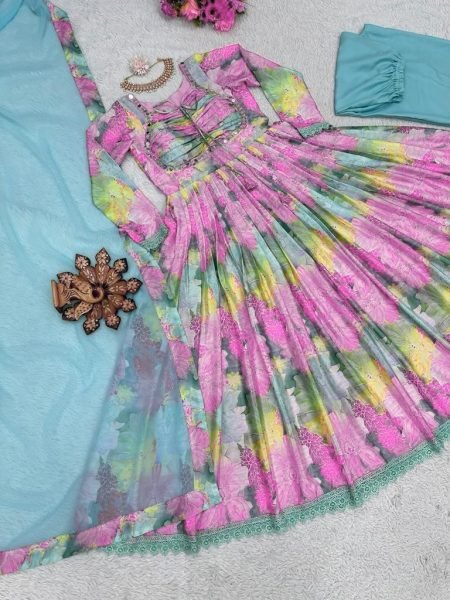 Floral Printed Chinon Nyra Cut Suit With Pants Anarkali Kurtis 