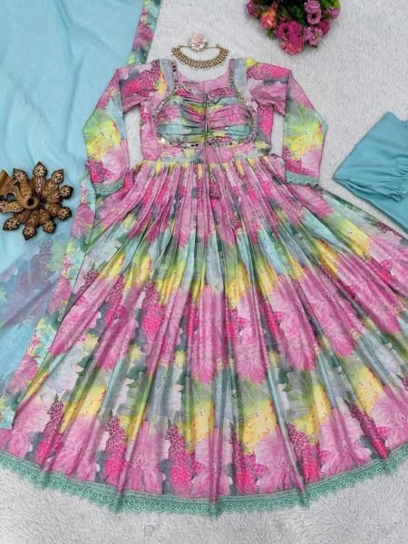 Floral Printed Chinon Nyra Cut Suit With Pants Anarkali Kurtis 
