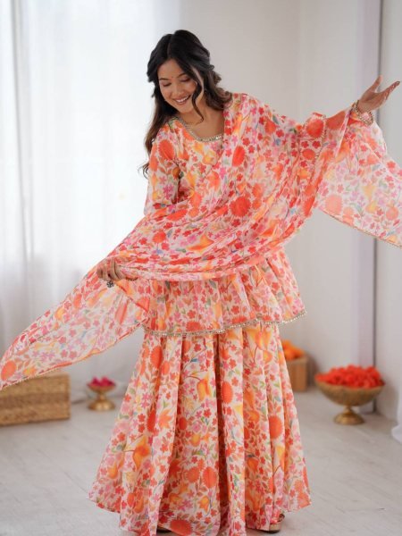 Floral Printed Organza Palazzo Suit with Kediya Suit and Dupatta for Diwali Special Collection Ready To Wear Suit