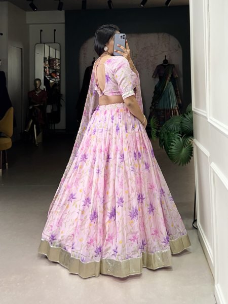 Floral Printed Tabby Silk Half Saree Bridesmaid Lehenga Choli Half Saree Lehenga