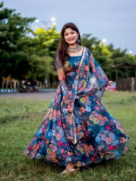Flower Print Organza Taby Silk Gown Pant With Dupatta  Anarkali Kurtis 