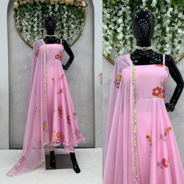 Flower Printed Baby Pink Silk Organza Gown Pant With Dupatta 3 Piece Kurti Set