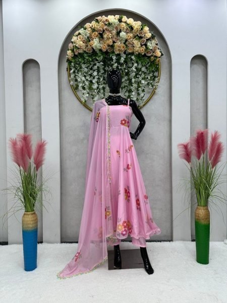 Flower Printed Baby Pink Silk Organza Gown Pant With Dupatta 3 Piece Kurti Set