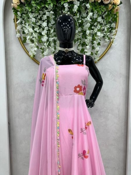 Flower Printed Baby Pink Silk Organza Gown Pant With Dupatta 3 Piece Kurti Set