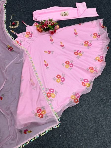 Flower Printed Baby Pink Silk Organza Gown Pant With Dupatta 3 Piece Kurti Set