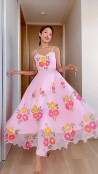 Flower Printed Baby Pink Silk Organza Gown Pant With Dupatta 3 Piece Kurti Set
